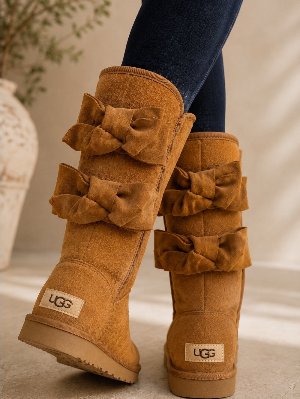 UGG Allegra Bow II Suede Sheepskin Chestnut Brown Winter Boots Size 7 NWOT